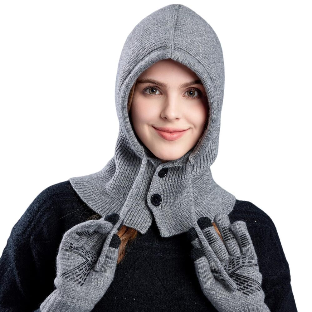 8185 Winter Beanie Hats Warm Hooded Scarf Hat Balaclava Neck Gaiters Knit